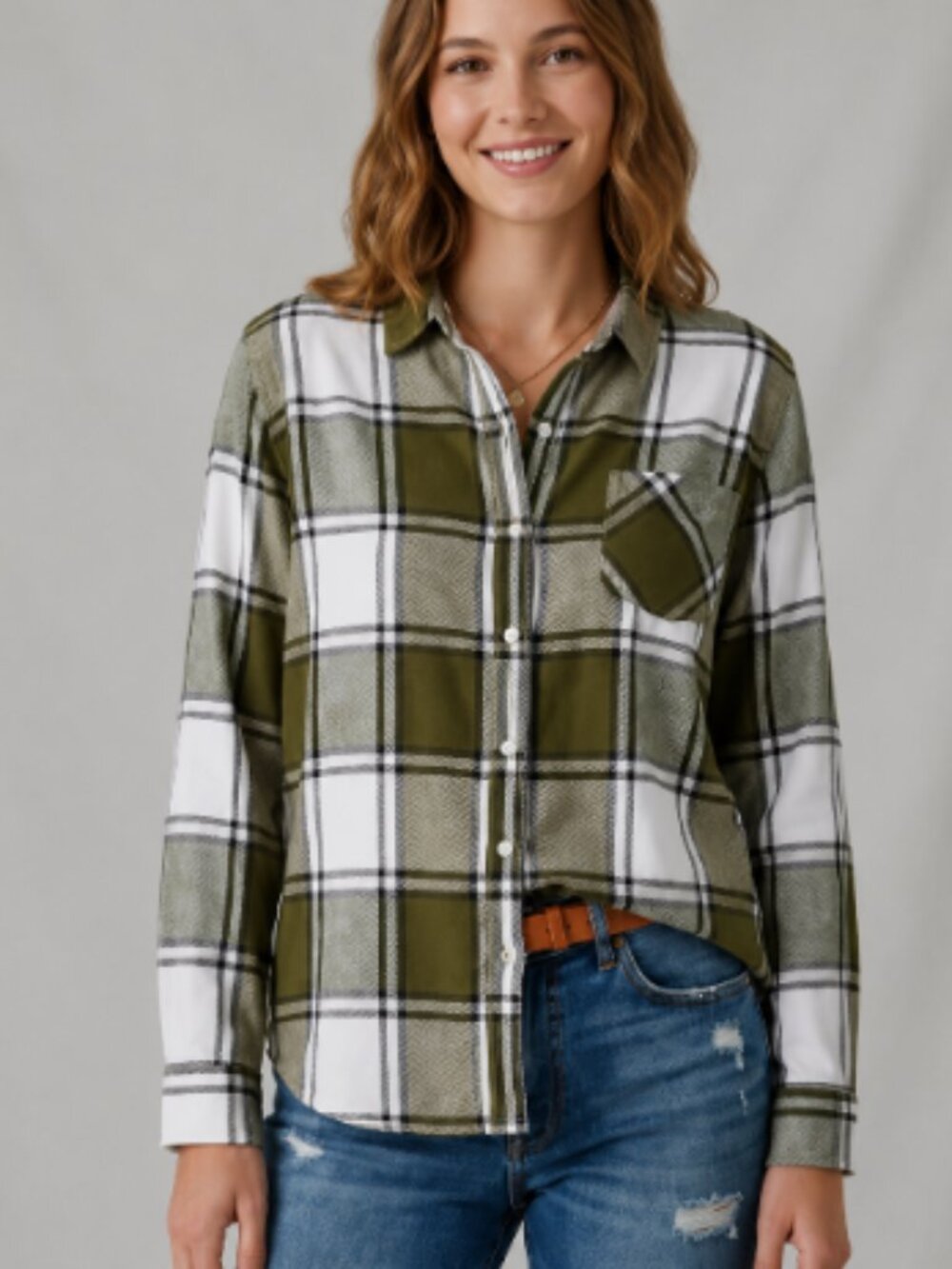 Lucky Brand Women's Shirt L Green County Plaid Long Sleeve Button Front Top NWT